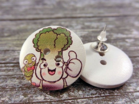 Preview: Broccoli Männchen Knopf Ohrstecker Holz Brokkoli